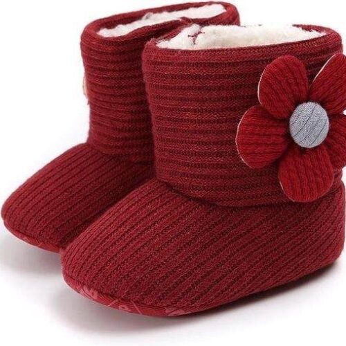 Babyslofjes - Winter Sloffen - Rood - Met Bloempje - Maat 17/18 tot 20 (2-12 maanden)