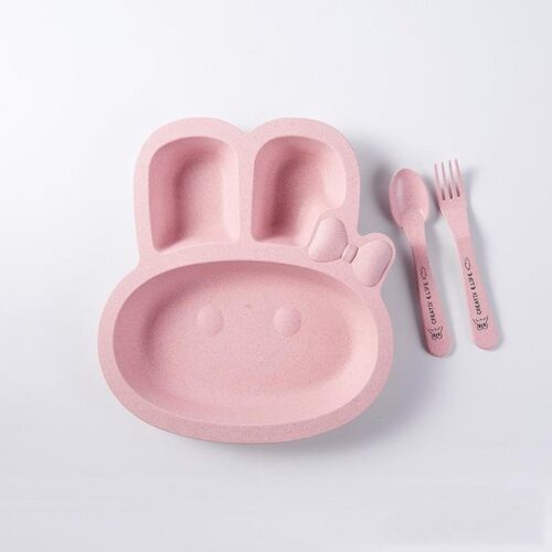 Kinderservies - Kinderbord - Vakjesbord - Bord met vakken voor baby peuter en kleuter - Met lepel en vork - Duurzaam - Kraam cadeau - Konijn - Roze - 1 set