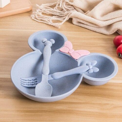 Geen bamboe Kinderbord-Kinderservies-Kinderbestek-Baby bord-Peuter bord-Duurzaam-Tarwe-Melaminevrij-Onbreekbaar-Minnie mouse-Kraam cadeau-Blauw