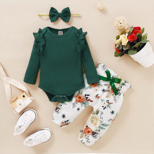 Driedelige kleding set Meisjes – Body met Broekje en Haarband – Groen – Wit – Met Bloemen – Maat 56/62 tot 80