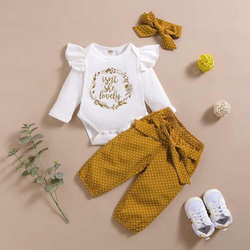 Driedelige Kinderkleding Set Meisjes - Body met Broekje en Haarband - Okergeel - Wit - Met stippen - Maat 56/62 tot 80